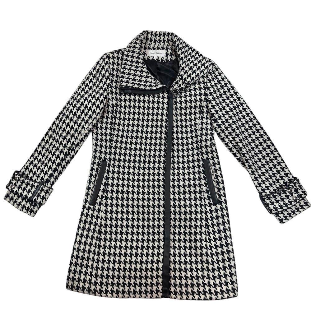 Calvin Klein Black & White Houndstooth Wool Blend Zip Coat — Women’s 6